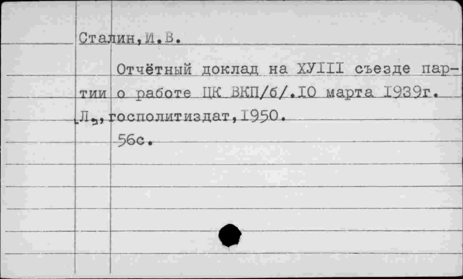 ﻿	Стаз	1ИН.И.В,
		Отчётный доклад на ХУШ съезде пар-
	тии	о работе ЦК ВКП/6/.1О марта 1939г.
		
		56с.		 -
		
		
		
		
		
		